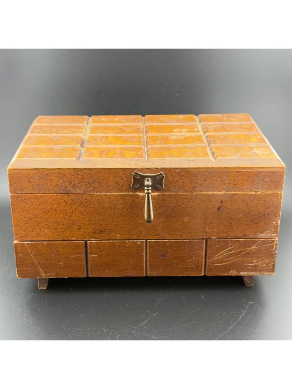 Vintage Wooden Jewelry Box Red Lined Drawer Chest Mirror Made in Japan